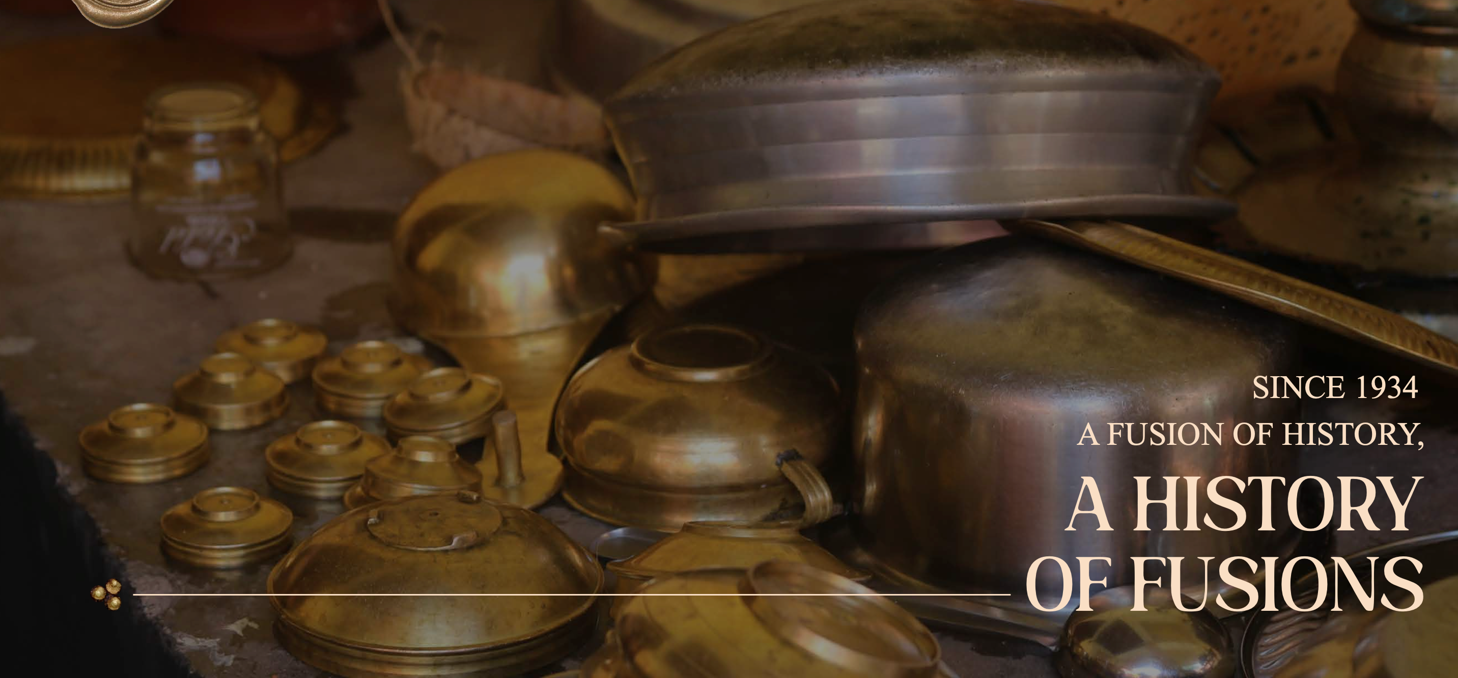 Collection of vintage metal pots and pans with a dark overlay and text about history.