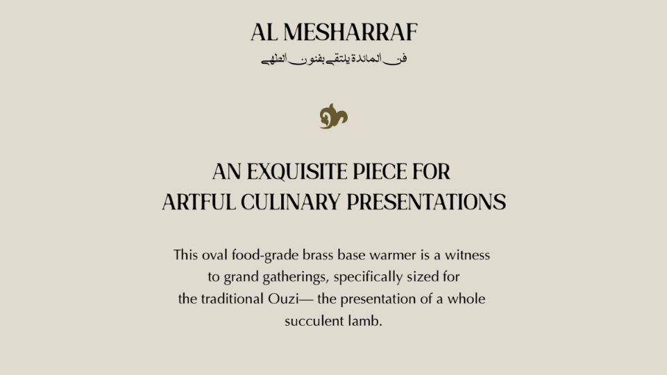Advertisement for Al Mesharraf food-grade brass base warmer on a beige background
